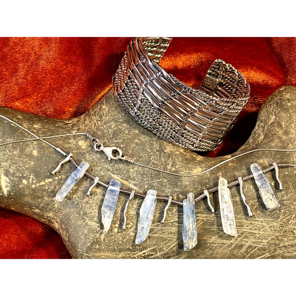 VTG 925 Sterling Silver Woven Braided Cuff Bangle Mexico & Necklace -Raw Kyanite